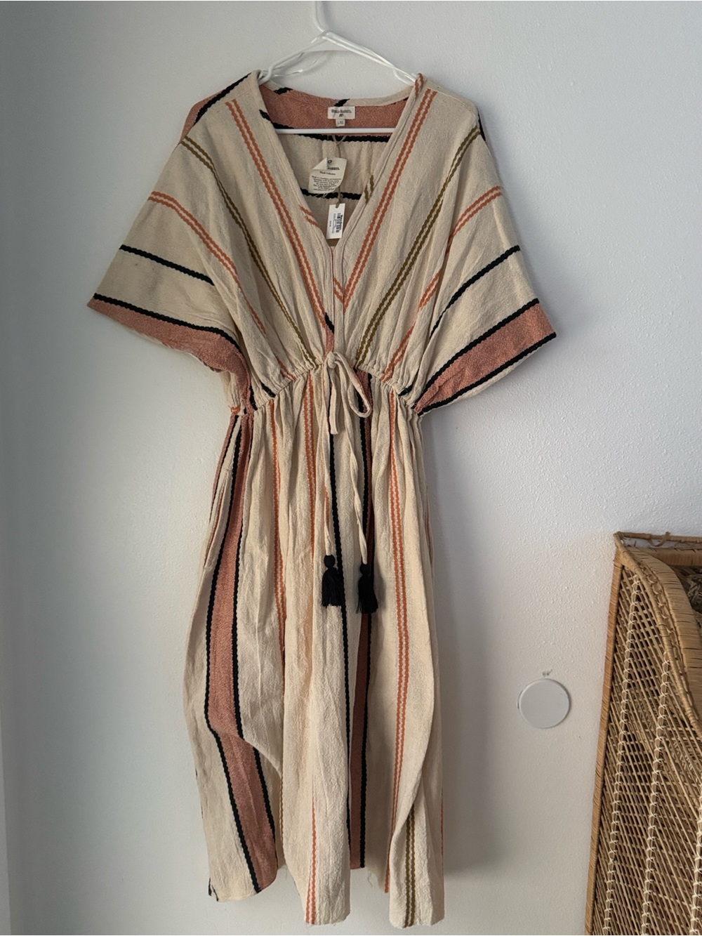 NWT World Market Mira Kaftan Dress Ivory Peach Stripe Drawstring Maxi Size Large